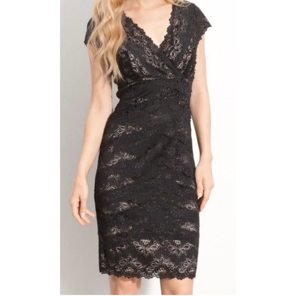 JS Collections black layered lace sheath dress, size 10